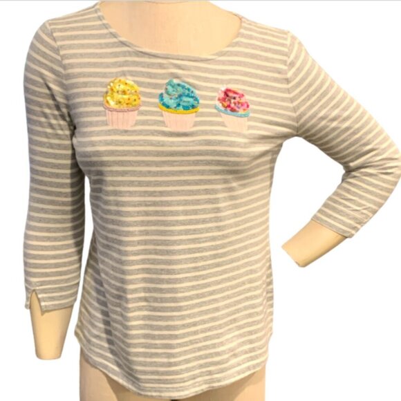 Talbots Sequin Cupcakes Striped Top Sz 2P Gray #96J - Picture 2 of 9
